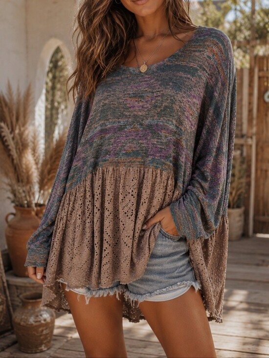 Free People Tops - Free People Oversized Boho Tunic Top Mixed Media Eyelet Lace Hem Slouchy